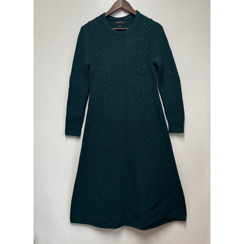 Banana Republic Sweater Dress Green Cable Knit Midi Petite L Dark Academia Cozy